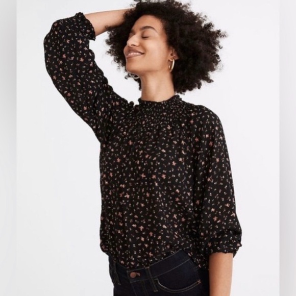 Madewell Tops - Madewell | Women’s black floral smocked mock neck/sleeve hem shirt size L